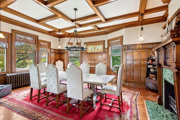 Dining room, Fireplace, Interior, Pendant Lights, Wooden Beams, Wood Texture Flooring