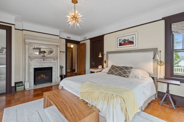Bedroom, Fireplace, Interior, Pendant Lights, Wood Texture Flooring