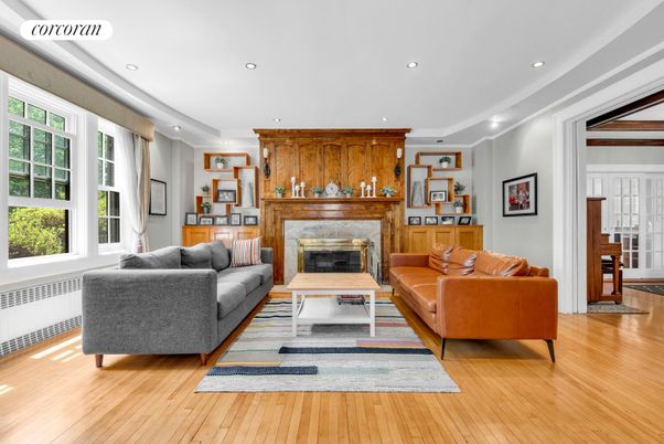 Fireplace, Interior, Living room, Recessed Lighting, Wood Texture Flooring, Wooden Walls