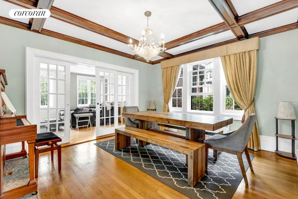 Chandelier, Dining room, Interior, Piano, Wooden Beams, Wood Texture Flooring