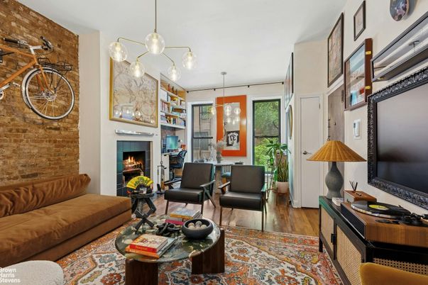 Fireplace, Interior, Living room, Pendant Lights, Stone Walls, Wood Texture Flooring