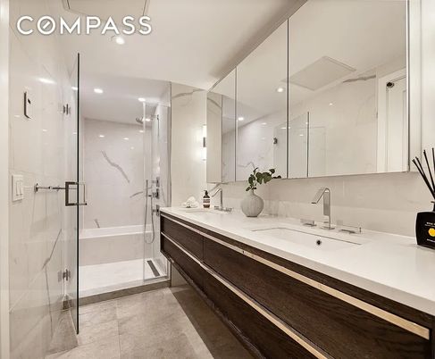 Bathroom, Dual Sink Vanities, Glass Shower, Interior, Marble Walls, Recessed Lighting