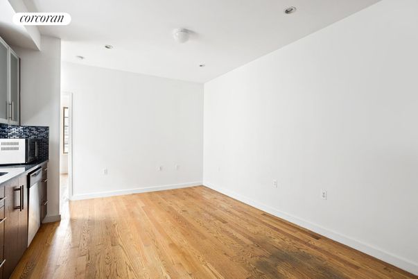 Empty room, Interior, Kitchen, Recessed Lighting, Wood Texture Flooring