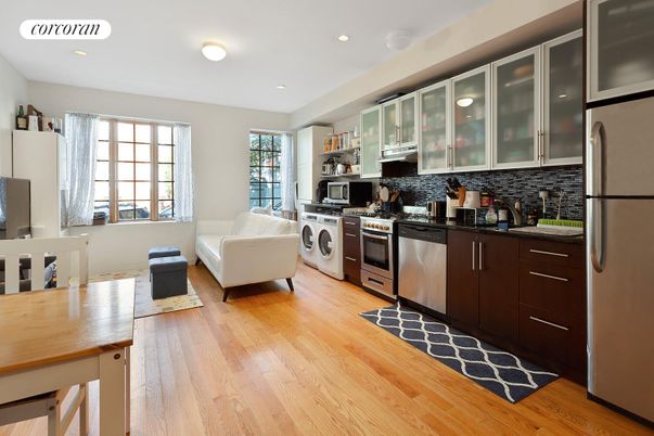 Interior, Kitchen, Living room, Recessed Lighting, Stainless Steel Appliances, Wood Texture Flooring