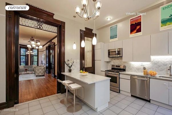 Chandelier, Interior, Kitchen, Pendant Lights, Recessed Lighting, Stainless Steel Appliances, Wood Texture Flooring