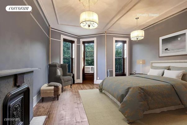 Bedroom, Fireplace, Interior, Pendant Lights, Wood Texture Flooring