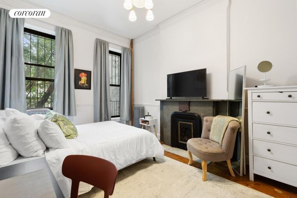Bedroom, Fireplace, Interior, Pendant Lights, Wood Texture Flooring