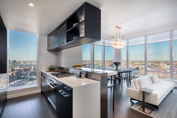 Chandelier, Interior, Kitchen, Pendant Lights, Recessed Lighting, Stainless Steel Appliances, Water, Wood Texture Flooring