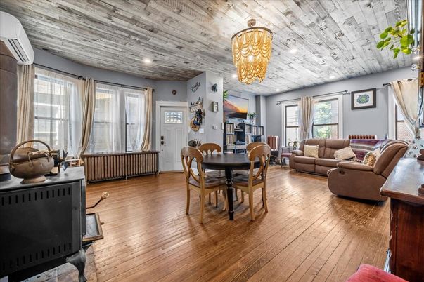 Chandelier, Dining room, Interior, Living room, Recessed Lighting, Wooden Ceilings, Wood Texture Flooring