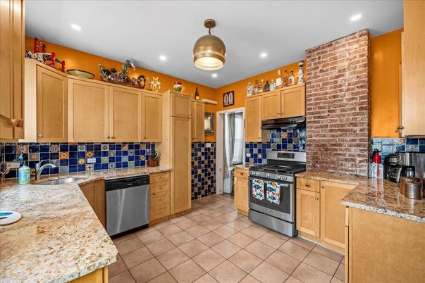 Interior, Kitchen, Recessed Lighting, Stainless Steel Appliances, Stone Walls