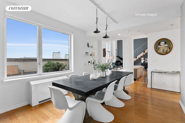 Dining room, Interior, Pendant Lights, Recessed Lighting, Water, Wood Texture Flooring