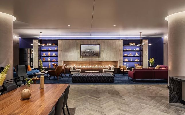 Dining room, Fireplace, Interior, Living room, Pendant Lights, Recessed Lighting, Wood Texture Flooring