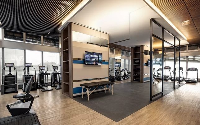 Fitness Equipment, Gym, Interior, Wood Texture Flooring