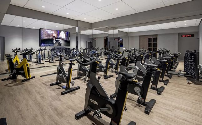 Fitness Equipment, Gym, Interior, Recessed Lighting, Wood Texture Flooring