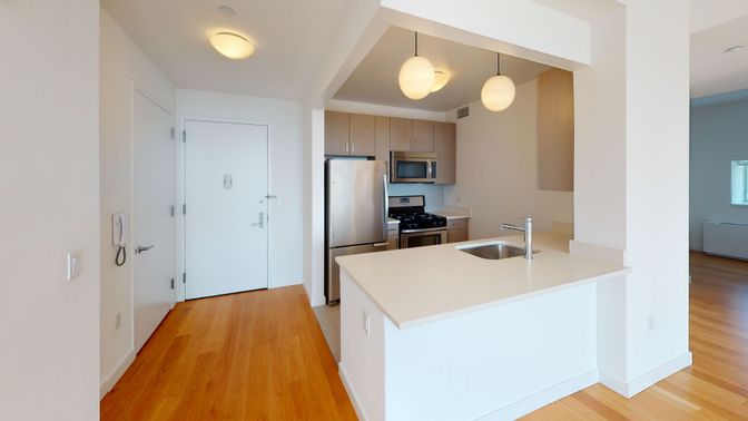 Interior, Kitchen, Pendant Lights, Stainless Steel Appliances, Wood Texture Flooring
