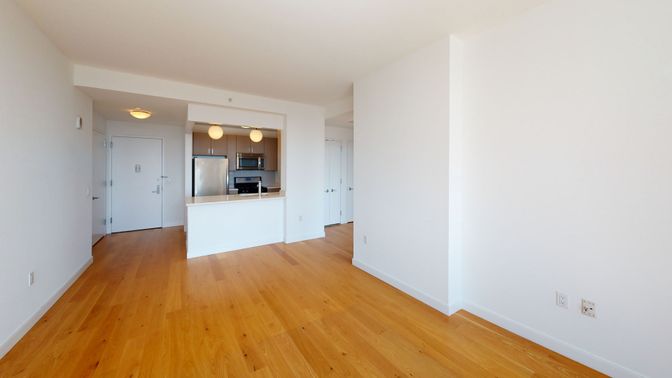 Empty room, Interior, Kitchen, Stainless Steel Appliances, Wood Texture Flooring