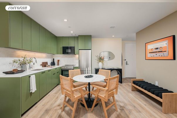 Dining room, Interior, Kitchen, Recessed Lighting, Stainless Steel Appliances, Wood Texture Flooring