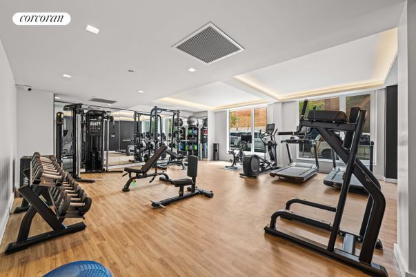 Fitness Equipment, Gym, Interior, Recessed Lighting, Wood Texture Flooring