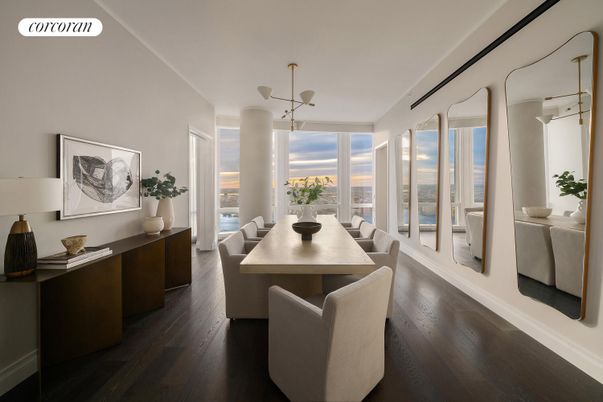 Dining room, Interior, Pendant Lights, Water, Wood Texture Flooring