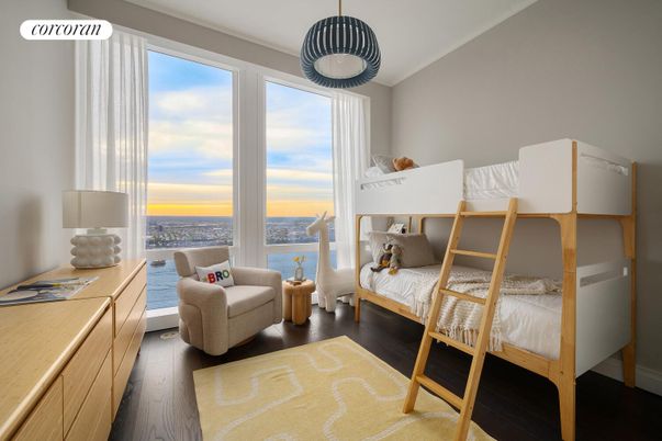 Bedroom, Interior, Pendant Lights, Water, Wood Texture Flooring