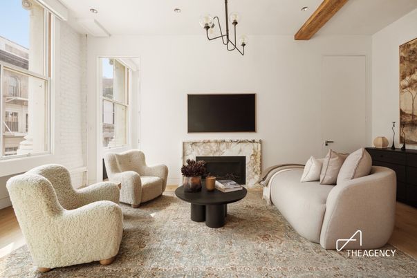 Fireplace, Interior, Living room, Pendant Lights, Recessed Lighting, Wooden Beams, Wood Texture Flooring