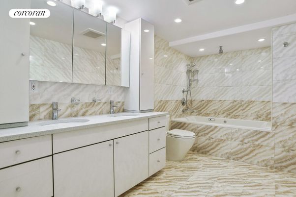 Bathroom, Dual Sink Vanities, Interior, Marble Walls, Recessed Lighting