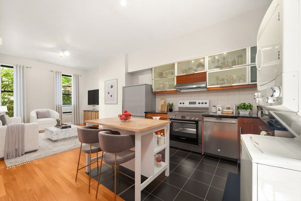 Interior, Kitchen, Living room, Stainless Steel Appliances, Wood Texture Flooring