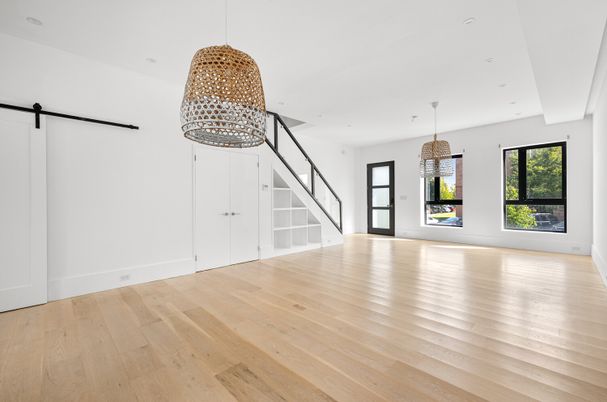 Empty room, Interior, Pendant Lights, Recessed Lighting, Wood Texture Flooring