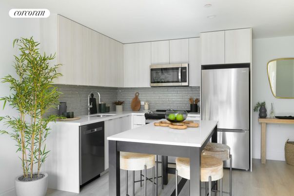 Interior, Kitchen, Recessed Lighting, Stainless Steel Appliances, Wood Texture Flooring