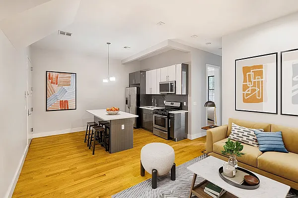 Dining room, Interior, Kitchen, Living room, Pendant Lights, Recessed Lighting, Stainless Steel Appliances, Wood Texture Flooring