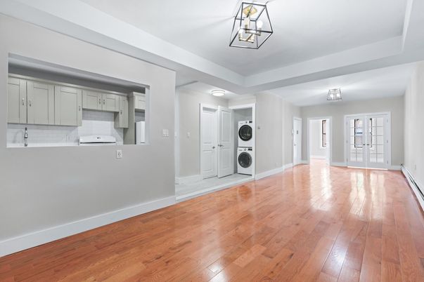 Empty room, Interior, Kitchen, Washer, Wood Texture Flooring