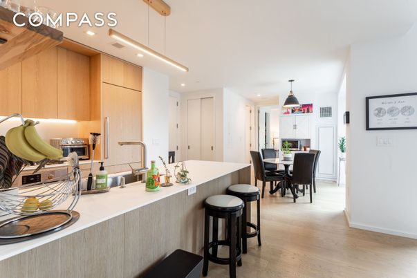 Dining room, Interior, Kitchen, Pendant Lights, Recessed Lighting, Wood Texture Flooring