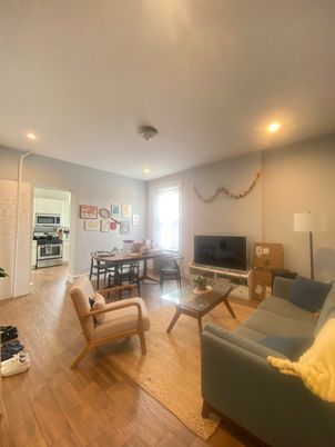 Dining room, Interior, Kitchen, Living room, Recessed Lighting, Stainless Steel Appliances, Wood Texture Flooring