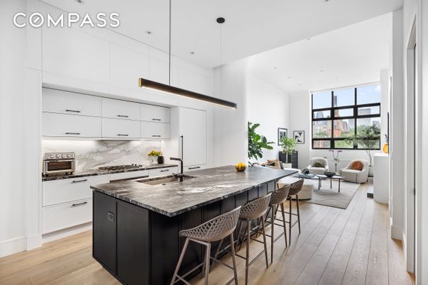 Interior, Kitchen, Living room, Marble Walls, Pendant Lights, Recessed Lighting, Stainless Steel Appliances, Wood Texture Flooring