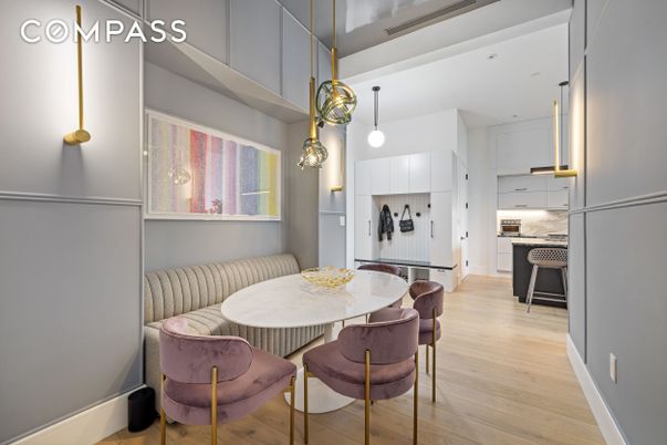 Dining room, Interior, Kitchen, Pendant Lights, Wood Texture Flooring