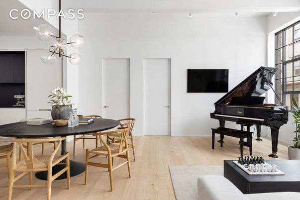 Dining room, Interior, Pendant Lights, Piano, Wood Texture Flooring