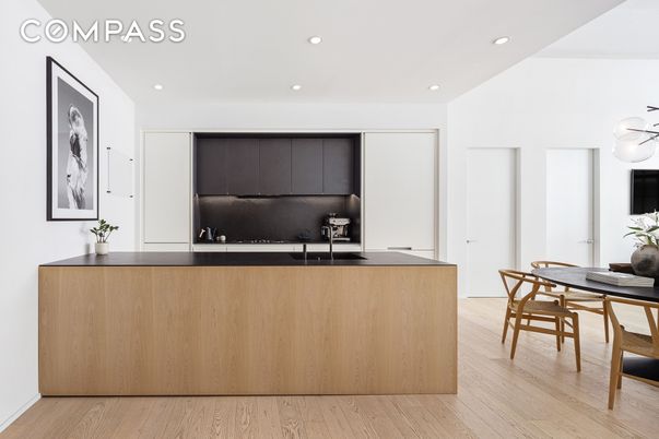 Dining room, Interior, Kitchen, Recessed Lighting, Stainless Steel Appliances, Wood Texture Flooring