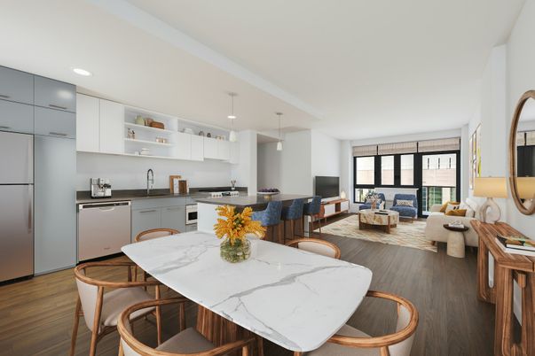 Dining room, Interior, Kitchen, Living room, Pendant Lights, Recessed Lighting, Wood Texture Flooring