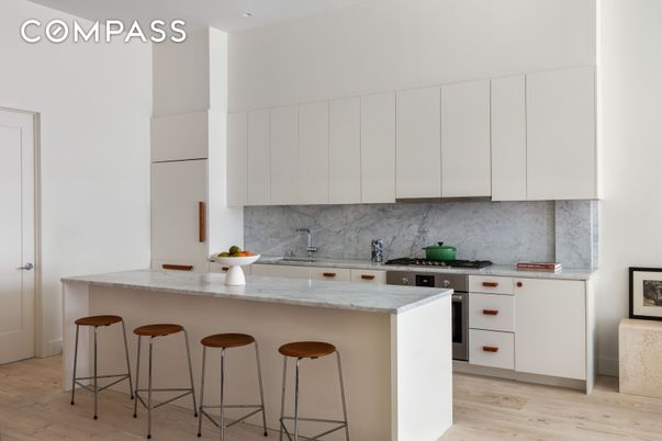 Interior, Kitchen, Marble Walls, Stainless Steel Appliances, Wood Texture Flooring
