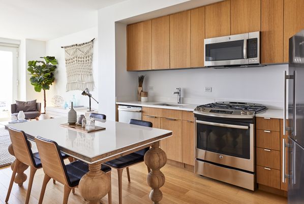 Dining room, Interior, Kitchen, Stainless Steel Appliances, Wood Texture Flooring