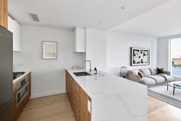 Interior, Kitchen, Living room, Recessed Lighting, Water, Wood Texture Flooring