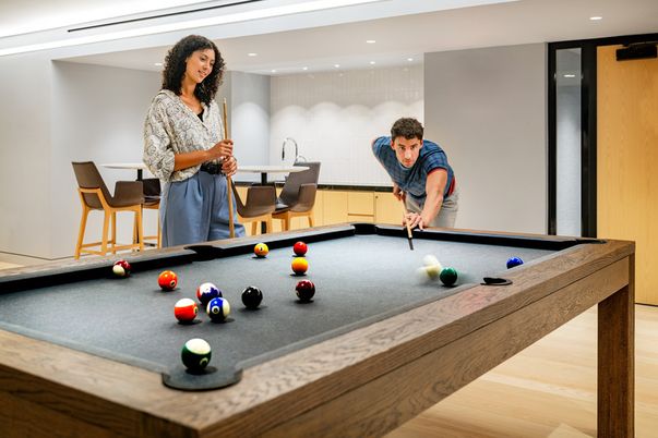 Billiard Table, Game Room, Interior, Recessed Lighting, Wood Texture Flooring