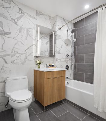 Bathroom, Interior, Marble Walls, Recessed Lighting