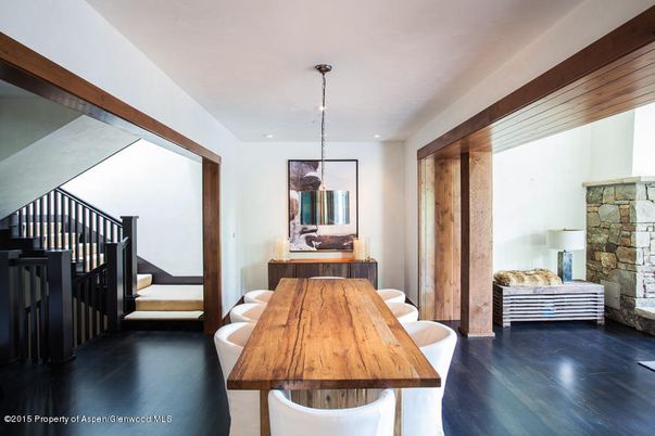 Dining room, Interior, Pendant Lights, Recessed Lighting, Wood Texture Flooring