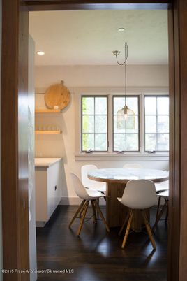 Dining room, Interior, Pendant Lights, Recessed Lighting, Wood Texture Flooring