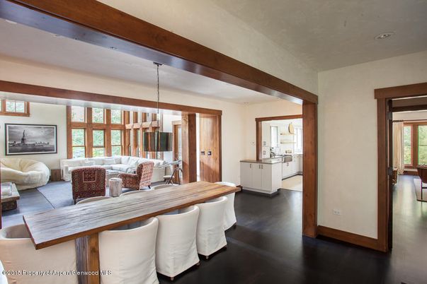 Dining room, Interior, Living room, Pendant Lights, Recessed Lighting, Wooden Beams, Wood Texture Flooring
