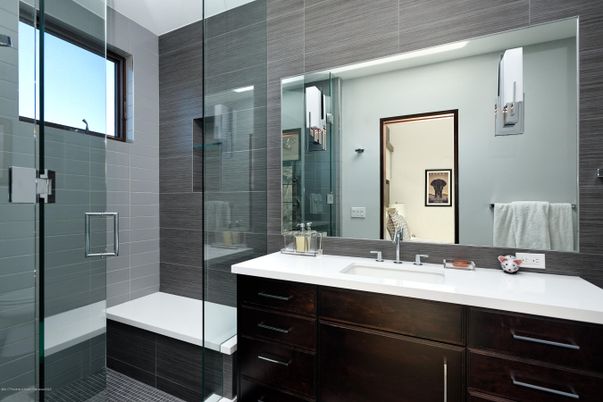 Bathroom, Glass Shower, Interior, Pendant Lights
