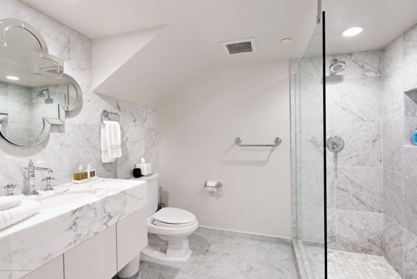 Bathroom, Glass Shower, Interior, Marble Walls, Recessed Lighting