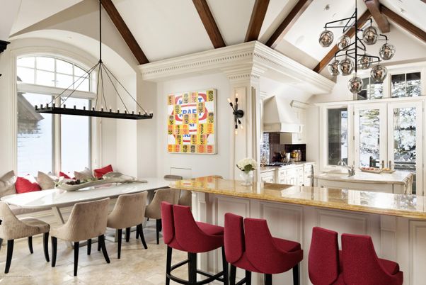 Dining room, Fireplace, Interior, Pendant Lights, Wooden Beams