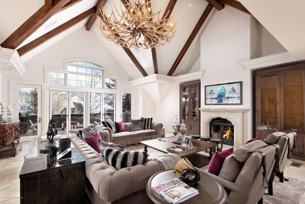 Chandelier, Fireplace, Interior, Living room, Wooden Beams